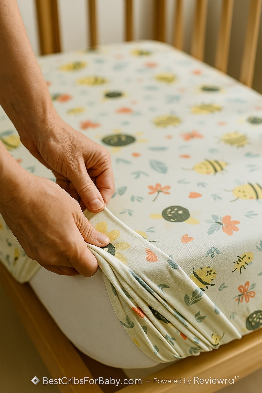 A close-up of hands putting a crib sheet on a mattress to show easy fitting