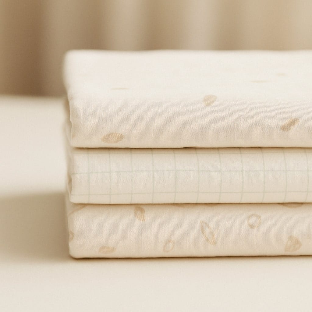 Folded organic cotton crib sheets in natural light, showing softness and simplicity